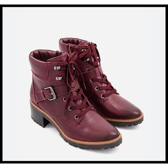 Naturalizer Tia Ankle Combat Boots Lug Sole Zipper Lace Up Burgundy Maroon 9.5 - Picture 1 of 14